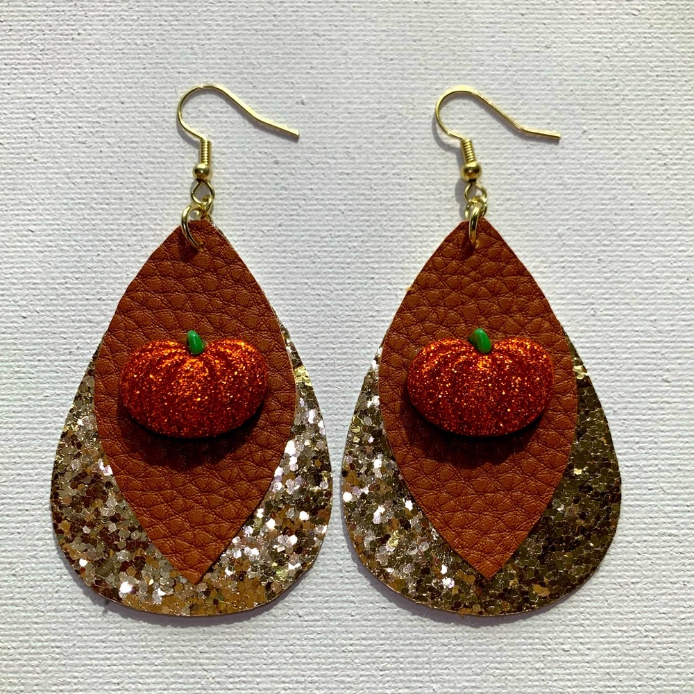 Gold glitter Pumpkin faux leather earrings